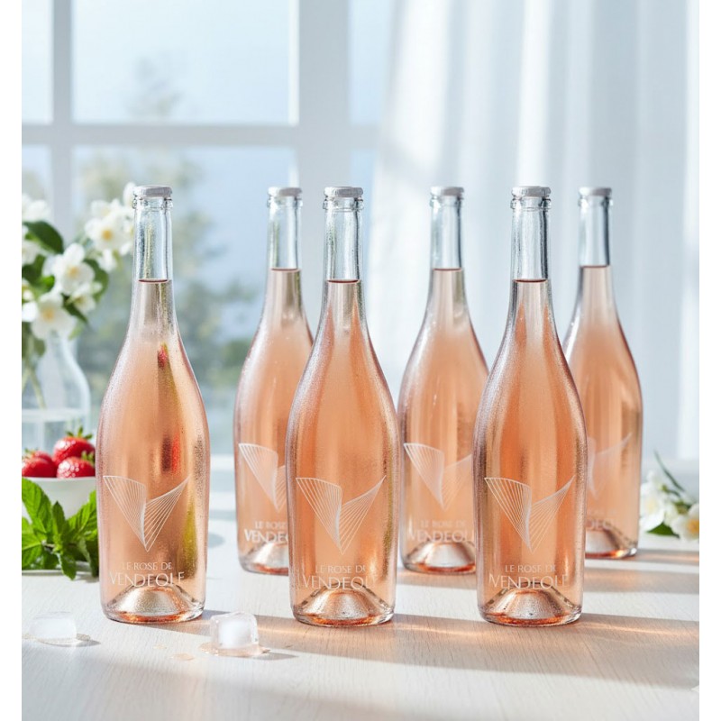 six bouteilles de vin rosé,"Le Rosé de Vendéole", disposées sur une table en bois clair ou un comptoir. Les bouteilles sont en verre transparent, laissant apparaître la couleur rose pâle et lumineuse du vin. Elles sont légèrement givrées ou couvertes de gouttelettes de condensation, suggérant qu'elles sont fraîches et prêtes à être dégustées.Un motif stylisé en forme de "V" ou d'ailes.On aperçoit une fenêtre avec des carreaux, laissant entrer une lumière naturelle douce qui illumine. Un petit bouquet de fleurs blanches dans un vase transparent, et un bol blanc rempli de fraises rouges vives et de feuilles de menthe fraîche. À droite, quelques fleurs blanches délicates sont également visibles.Des glaçons fondent, créant de petites flaques d'eau, ce qui renforce l'idée de fraîcheur et de boisson rafraîchissante.