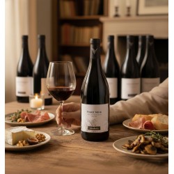 six bouteilles de vin rouge.Chaque bouteille est en verre foncé. Un logo stylisé en forme de « V » de couleur argentée ou grise.Le texte principal sur l'étiquette indique « PINOT NOIR », le cépage du vin. On peut lire « NOS BELLES RANGÉES » et « Pays d'Oc ». Le nom de la marque, « VENDÉOLE »L'éclairage de l'image est uniforme, mettant en valeur les détails des bouteilles et des étiquettes sans ombres dures, ce qui confère à l'ensemble un aspect propre et professionnel, typique des photographies de produits destinées à la commercialisation