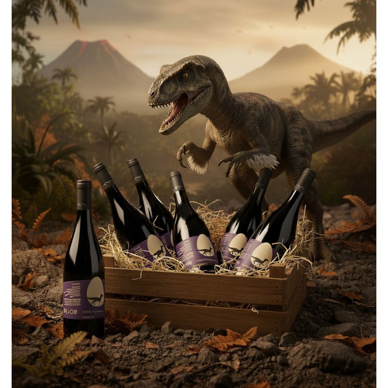 Scène surréaliste et intrigante, mélangeant des éléments modernes et préhistoriques.Une caisse en bois rustique contient cinq bouteilles de vin rouge foncé, nichées dans de la paille ou du foin. Une bouteille similaire se tient seule à côté de la caisse. Les étiquettes affichant un fond violet avec un motif d'œuf clair d'où semble émerger la silhouette d'un dinosaure,un raptor.Un paysage luxuriant et sauvage évoque une ère préhistorique, avec des palmiers et des fougères. Deux volcans dominent l'horizon, l'un d'eux étant en éruption, crachant de la fumée et de la lave, ce qui renforce l'atmosphère dramatique. Un grand dinosaure, ressemblant à un Vélociraptor. Le sol est jonché de roches, de feuilles mortes et de débris, complétant le cadre naturel et sauvage.