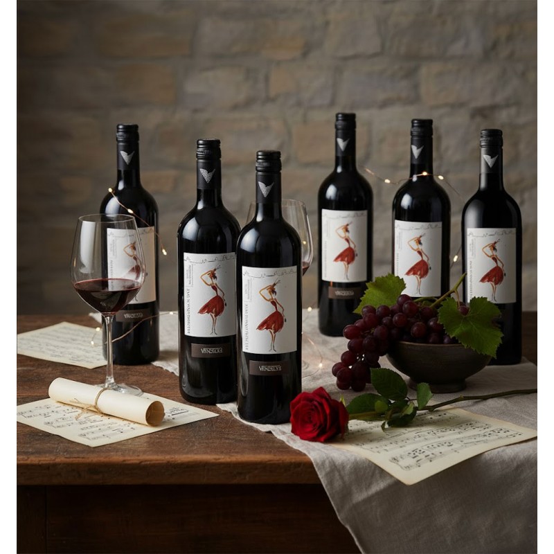 six bouteilles de vin rouge. Une silhouette féminine stylisée vêtue d'une robe rouge fluide, évoquant un mouvement de danse ou de légèreté. Une table en bois rustique recouverte d'une nappe claire. Un verre à pied rempli de vin rouge est posé à gauche, invitant à la dégustation. Une partition de musique enroulée et attachée avec de la ficelle, ainsi qu'une autre partition étalée sur la table, ajoutent une touche artistique et romantique. Une rose rouge unique, avec sa tige et ses feuilles vertes, est délicatement placée sur la nappe, renforçant l'ambiance romantique.Une grappe de raisins rouges foncés avec quelques feuilles vertes. Des guirlandes lumineuses.Un mur de pierres claires.Suggérant un moment de détente et de plaisir autour du vin, de la musique et de la beauté