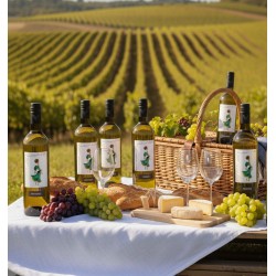 Un pique-nique élégant et rustique dans un vignoble ensoleillé. Une table recouverte d'une nappe blanche est dressée avec six bouteilles de vin blanc Sauvignon "LES FILLES DANS LE VENT". Des grappes de raisins verts et rouges, du pain frais et une sélection de fromages. Un panier en osier est également posé sur la table, ajoutant une touche champêtre. On peut admirer des rangées de vignes s'étendant à perte de vue sous un ciel clair, créant une atmosphère paisible et idyllique. La lumière du soleil met en valeur les couleurs vives des éléments sur la table et les nuances de vert du vignoble.
