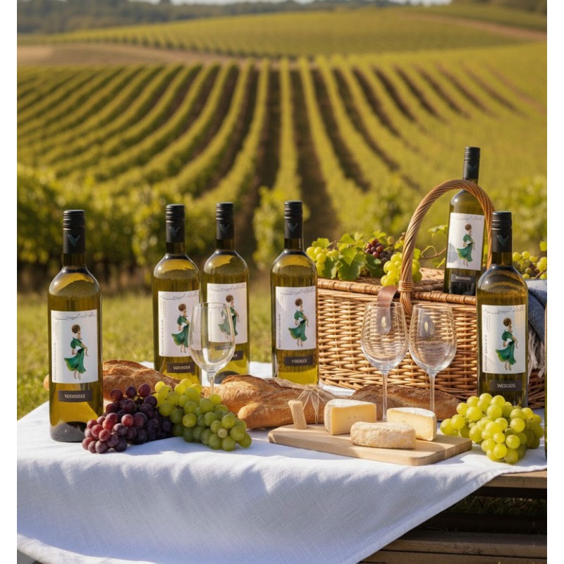 Un pique-nique élégant et rustique dans un vignoble ensoleillé. Une table recouverte d'une nappe blanche est dressée avec six bouteilles de vin blanc Sauvignon "LES FILLES DANS LE VENT". Des grappes de raisins verts et rouges, du pain frais et une sélection de fromages. Un panier en osier est également posé sur la table, ajoutant une touche champêtre. On peut admirer des rangées de vignes s'étendant à perte de vue sous un ciel clair, créant une atmosphère paisible et idyllique. La lumière du soleil met en valeur les couleurs vives des éléments sur la table et les nuances de vert du vignoble.