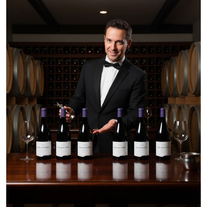 Un sommelier élégant, vêtu d'un smoking noir et d'un nœud papillon, souriant. Il tient un tire-bouchon dans sa main droite et sa main gauche est ouverte en un geste de présentation. Il se tient derrière une table en bois foncé et brillante, sur laquelle sont alignées six bouteilles de vin rouge "Les parcelles". Deux verres à vin vides sont également posés sur la table, ainsi qu'un seau à glace métallique. Une cave à vin, avec des fûts en bois empilés sur les côtés et des casiers à bouteilles en bois remplis de vin au centre. L'éclairage est tamisé, créant une ambiance chaleureuse et sophistiquée, typique d'une dégustation de vin ou d'un environnement de sommellerie.