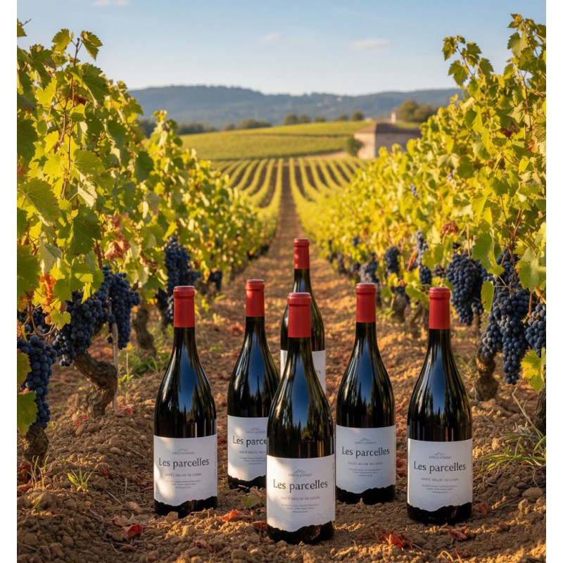 Un magnifique vignoble sous un ciel bleu clair et ensoleillé. Six bouteilles de vin rouge, étiquetées "Les parcelles", Pinot noir sont posées sur la terre labourée entre deux rangées de vignes. Les vignes sont chargées de grappes de raisins noirs mûrs, et leurs feuilles vertes sont éclairées par le soleil. Les rangées de vignes s'étendent à perte de vue, créant un motif linéaire et harmonieux qui mène à une colline lointaine et à une structure en pierre, probablement un bâtiment de domaine viticole. L'ensemble de la scène évoque la richesse de la récolte et la beauté du paysage viticole.