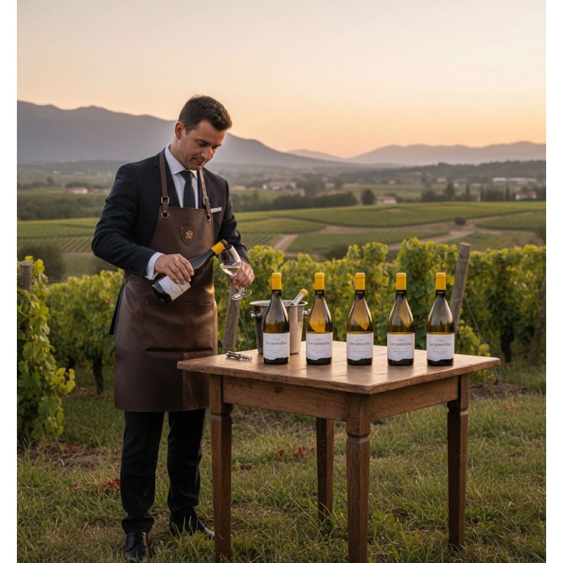 Un sommelier élégamment vêtu d'un costume et d'un tablier en cuir marron, versant du chardonnay d'une bouteille dans un verre. Une table en bois rustique sur laquelle sont posées cinq bouteilles de vin blanc, dont une dans un seau à glace, et un tire-bouchon. Des rangées de vignes s'étendant à perte de vue sous une lumière douce et chaleureuse. Des montagnes sont visibles, complétant un paysage pittoresque et serein. L'ambiance générale évoque une dégustation de vin ou une célébration des vendanges dans un cadre naturel magnifique.