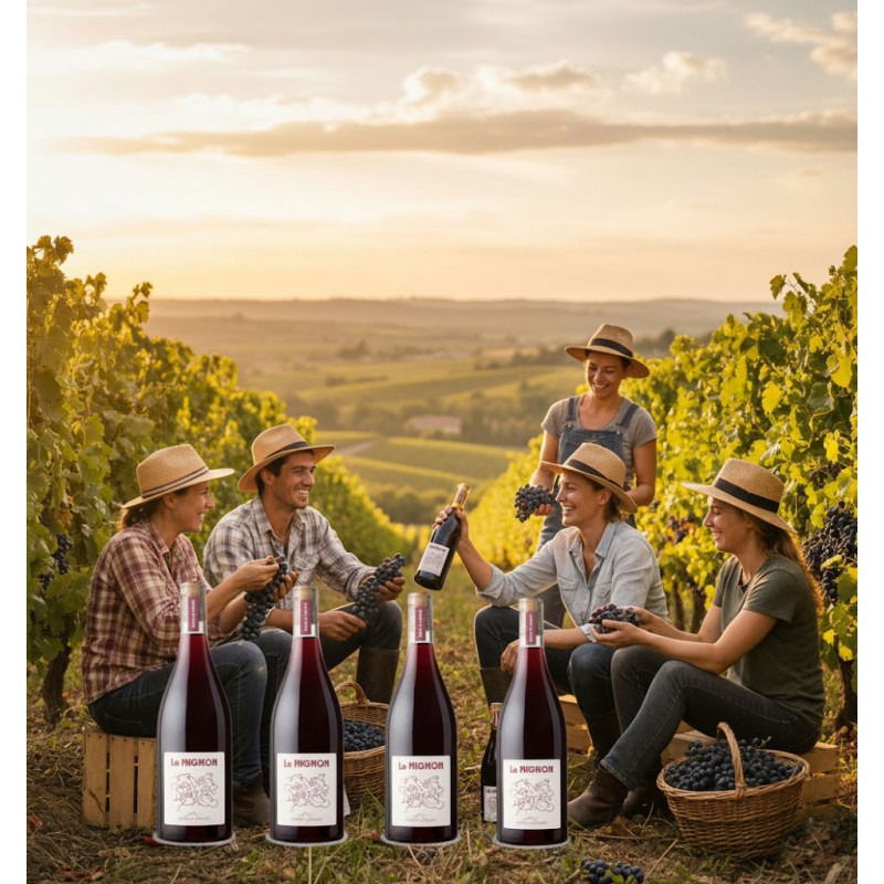 Six bouteilles de vin rouge,"Le MIGNON", suggérant une célébration de la récolte. Les vignerons sont vêtus de tenues décontractées, avec des chapeaux de paille, typiques des travailleurs agricoles. Ils tiennent des grappes de raisin fraîchement cueillies, et l'une des personnes brandit une bouteille de vin, comme pour trinquer. Des collines vallonnées couvertes de vignes s'étendant à perte de vue, baignées par la lumière dorée du soleil couchant. Le ciel est teinté de couleurs chaudes. Des paniers remplis de raisins sont également visibles, soulignant l'activité de la vendange.L'image évoque l'esprit de communauté, le travail acharné et la joie associée à la production de vin, dans un cadre naturel idyllique.