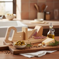 Une cuisine chaleureuse , éclairée par une lumière douce. Une trancheuse à saucisson en bois, munie d’une petite lame inclinée. Elle est utilisée pour couper des tranches fines de saucisson, visibles juste devant l’appareil.
Un moment d’apéritif :un bol d’olives vertes posé sur une planche en bois, un gros morceau de fromage dur (type parmesan ou pecorino), des branches de romarin frais, des grains de poivre éparpillés, une bouteille d’huile d’olive au verre transparent avec un bec verseur.