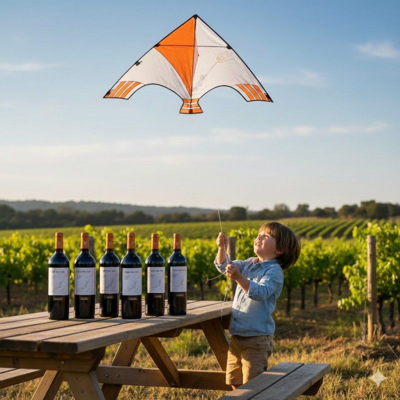 six bouteilles de vin rouge Cers volant.Un jeune enfant, vêtu d'une chemise en jean et d'un short beige, se tient debout à côté de la table. Il regarde vers le ciel tenant le fil d'un cerf-volant en forme d'oiseau.L'action se déroule dans un vignoble. On aperçoit des rangées de vignes verdoyantes qui s'étendent vers l'horizon sous un ciel bleu clair parsemé de légers nuages.Le nom du fichier suggère qu'il s'agit de la cuvée "Cers Volant" (un jeu de mots entre le vent "Cers" et le cerf-volant) de la cave Vendeole.