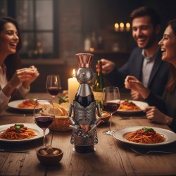 Au milieu de la table se trouve une bouteille de vin rouge décorée d'un porte-bouteille en métal sculpté. Ce support représente un chef cuisinier avec :Une toque couleur cuivre.Un visage souriant et stylisé en métal.Un corps en métal perforé imitant un tablier.De petits bras tenant des accessoires de cuisine miniature.une table en bois rustique où sont disposés :
Quatre assiettes de pâtes des spaghettis à la sauce tomate/bolognaise, décorées d'une feuille de basilic frais.Des verres remplis de vin rouge.
Une corbeille de pain coupé en tranches.Un petit bol contenant des bouchons de liège.