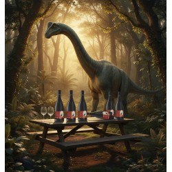 Un Pique-Nique Préhistorique, une scène surréaliste et captivante dans une forêt luxuriante et mystérieuse, baignée par une lumière dorée. Au centre, un grand dinosaure de type Brontosaure se dresse majestueusement. Une table de pique-nique en bois est dressée avec Six bouteilles de vin "Pinot Noir" de la marque "Anne de Joyeuse". deux verres à pied.