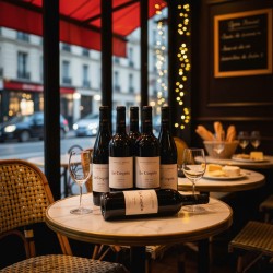 Un bistrot français typique, avec une table en marbre sur laquelle sont posées six bouteilles de vin rouge "Le Coquin" et deux verres à vin vides. Des guirlandes lumineuses. À travers une grande fenêtre, on aperçoit une rue parisienne animée avec des voitures et des bâtiments classiques. Sur une table voisine, on distingue une planche de fromages et du pain, invitant à la dégustation.auvent rouge, avec d'autres tables.