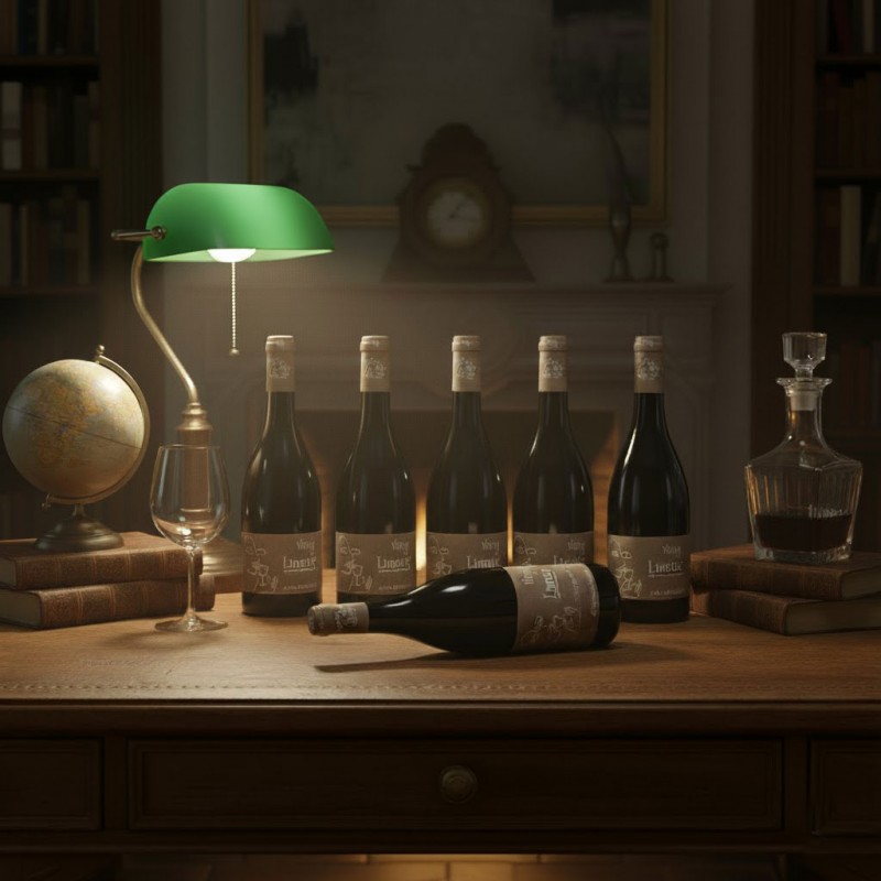 Soirée Dégustation Littéraire Un bureau en bois richement décoré. Une lampe de banquier verte projette une lumière ciblée sur six bouteilles de vin rouge "Very de Limoux". Un verre à vin vide est prêt pour la dégustation. Un globe terrestre vintage,une pile de livres anciens,une carafe de vin, une bibliothèque remplie de volumes, une horloge et un tableau encadré.