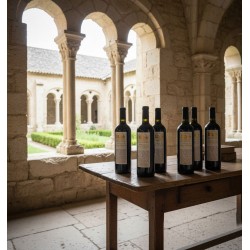 Six bouteilles de vin rouge grande réserve abbaye de saint Hilaire dans l'arche du cloître d'une abbaye. Une table en bois rustique. En arrière-plan, on aperçoit la cour intérieure et le jardin verdoyant de ce qui semble être une abbaye ou un monastère ancien. L'architecture romane, avec ses colonnes et ses chapiteaux sculptés, crée une atmosphère sereine et historique.