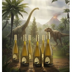 Six bouteilles de chardonnay ampilausorus en fût de chêne.Une scène préhistorique luxuriante avec des dinosaures, dont un Tyrannosaurus Rex et un Brachiosaure, près d'un volcan en éruption. Plusieurs bouteilles. L'étiquette de chaque bouteille arbore la silhouette d'un dinosaure, créant un anachronisme humoristique entre le vin moderne et le monde jurassique.