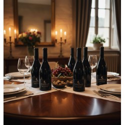 Dîner élégant avec le vin rouge"Lassalle" élevé en fût de chêne sur une table de salle à manger en bois sombre est dressée pour un repas raffiné. Entourées de bols de raisins et d'olives. Des assiettes blanches, des couverts et des verres à vin sont disposés avec soin. L'ambiance est éclairée par la lueur de bougies sur des chandeliers, créant une atmosphère de dégustation élégante.