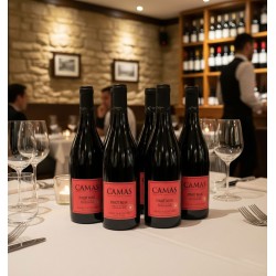 Une table dressée dans un restaurant, avec six bouteilles de vin rouge "CAMAS PINOT NOIR". La table est recouverte d'une nappe blanche sur laquelle sont également disposés des verres à vin, des couverts et une bougie allumée, créant une atmosphère chaleureuse.On peut voir d'autres tables occupées par des clients, ainsi qu'un mur en pierres apparentes orné de cadres. Un serveur se tient derrière un bar ou un comptoir où de nombreuses autres bouteilles de vin sont rangées sur des étagères. L'éclairage est tamisé, typique d'un dîner élégant.