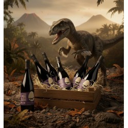 Scène surréaliste et intrigante, mélangeant des éléments modernes et préhistoriques.Une caisse en bois rustique contient cinq bouteilles de vin rouge foncé, nichées dans de la paille ou du foin. Une bouteille similaire se tient seule à côté de la caisse. Les étiquettes affichant un fond violet avec un motif d'œuf clair d'où semble émerger la silhouette d'un dinosaure,un raptor.Un paysage luxuriant et sauvage évoque une ère préhistorique, avec des palmiers et des fougères. Deux volcans dominent l'horizon, l'un d'eux étant en éruption, crachant de la fumée et de la lave, ce qui renforce l'atmosphère dramatique. Un grand dinosaure, ressemblant à un Vélociraptor. Le sol est jonché de roches, de feuilles mortes et de débris, complétant le cadre naturel et sauvage.
