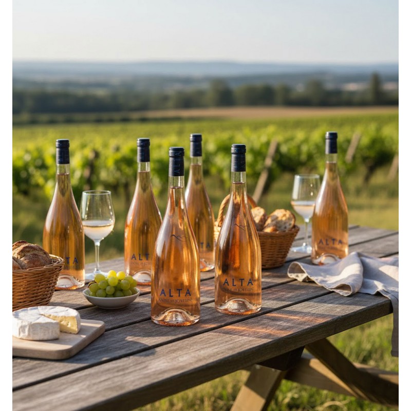 Une table de pique-nique rustique en bois,six bouteilles de vin rosé de la marque "ALTA ANNE DE JOYEUSE", reconnaissables à leur étiquette bleue discrète. Le vin a une couleur saumon clair et est présenté dans des bouteilles élégantes. Deux verres à vin, dont l'un contient du vin rosé, sont également posés sur la table, suggérant une dégustation.Une petite assiette de raisins verts frais, deux paniers en osier contenant du pain rustique, et un morceau de fromage de type Camembert ou Brie sur une planche à découper en bois. Une serviette en tissu gris clair,un vaste vignoble verdoyant s'étendant à perte de vue sous un ciel clair et lumineux, ensoleillée. L'ensemble de l'image évoque la convivialité, la nature et le plaisir de la dégustation de vin en plein air.