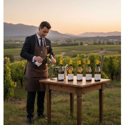 Un sommelier élégamment vêtu d'un costume et d'un tablier en cuir marron, versant du chardonnay d'une bouteille dans un verre. Une table en bois rustique sur laquelle sont posées cinq bouteilles de vin blanc, dont une dans un seau à glace, et un tire-bouchon. Des rangées de vignes s'étendant à perte de vue sous une lumière douce et chaleureuse. Des montagnes sont visibles, complétant un paysage pittoresque et serein. L'ambiance générale évoque une dégustation de vin ou une célébration des vendanges dans un cadre naturel magnifique.