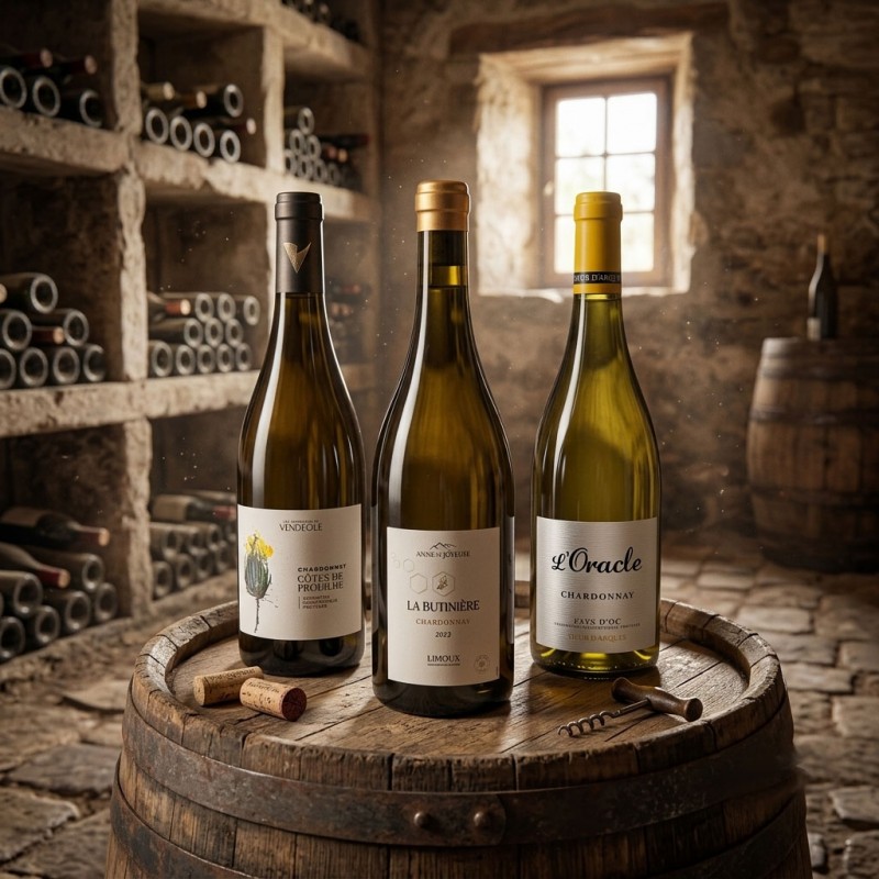Pack de trois bouteilles de vin blanc chardonnay Anne de joyeuse Vendéole sieur d arques.