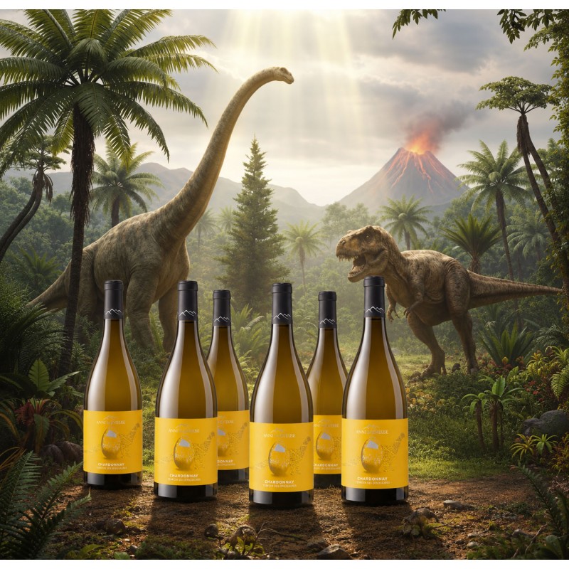 Chardonnay Ampelosaurus fût de chêne, décor préhistorique avec dinosaures