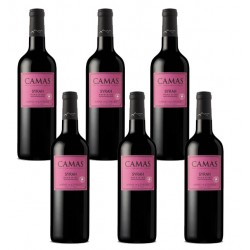 Six bouteilles de vin rouge "CAMAS", cépage "SYRAH" et l'origine est "PAYS D'OC", producteur est "ANNE DE JOYEUSE".