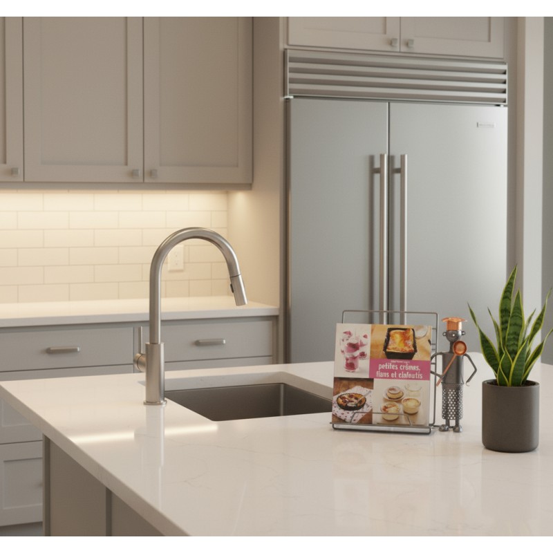 Cette image présente une cuisine moderne et épurée. Un îlot de cuisine avec un évier et un robinet en acier brossé. Sur l'îlot, un Lutrin affiche le livre de recettes "petites crèmes, flans et clafoutis", accompagné d'une figurine de chef et d'une plante verte. Des armoires gris clair et un grand réfrigérateur en acier inoxydable, soulignant un design contemporain.