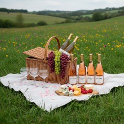 six bouteilles de Camas Pinot Noir rosé, pique-nique idyllique dans un champ verdoyant parsemé de fleurs. Un panier en osier est entouré de bouteilles de vin, de grappes de raisin, de verres à vin et d'une planche de fromages variés avec des framboises. Des pétales de rose sur la nappe blanche.Des collines légèrement vallonnées sous un ciel nuageux.