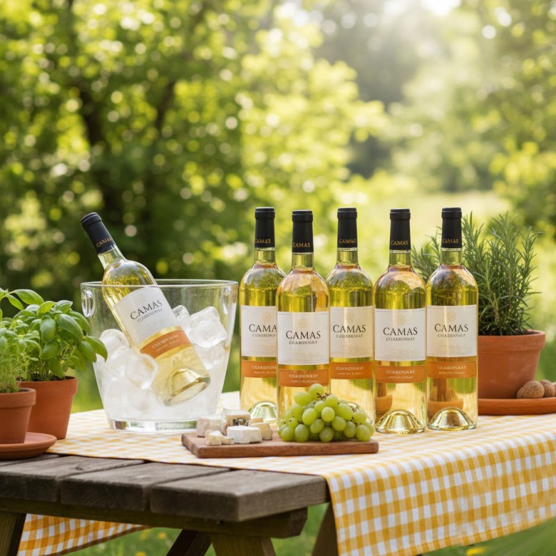 Pique-nique avec six bouteilles de vin blanc Chardonnay sur une table en bois recouverte d'une nappe à carreaux jaunes et blancs. Une bouteille est dans un seau à glace,une grappe de raisins verts, des fromages et des plantes en pot (basilic, romarin). Une végétation luxuriante et un soleil éclatant, crée une atmosphère estivale.