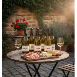 Une atmosphère méditerranéenne, Une table ronde style bistrot dressée. Six bouteilles de vin blanc "Coquin" sont alignées sur la table, accompagnées de deux verres à vin remplis. Une planche en bois garnie de charcuterie (jambon cru), de fromages variés et d'une baguette coupée invite à la gourmandise. Un mur de pierres recouvert de lierre, des pots de géraniums rouges et de lavande.