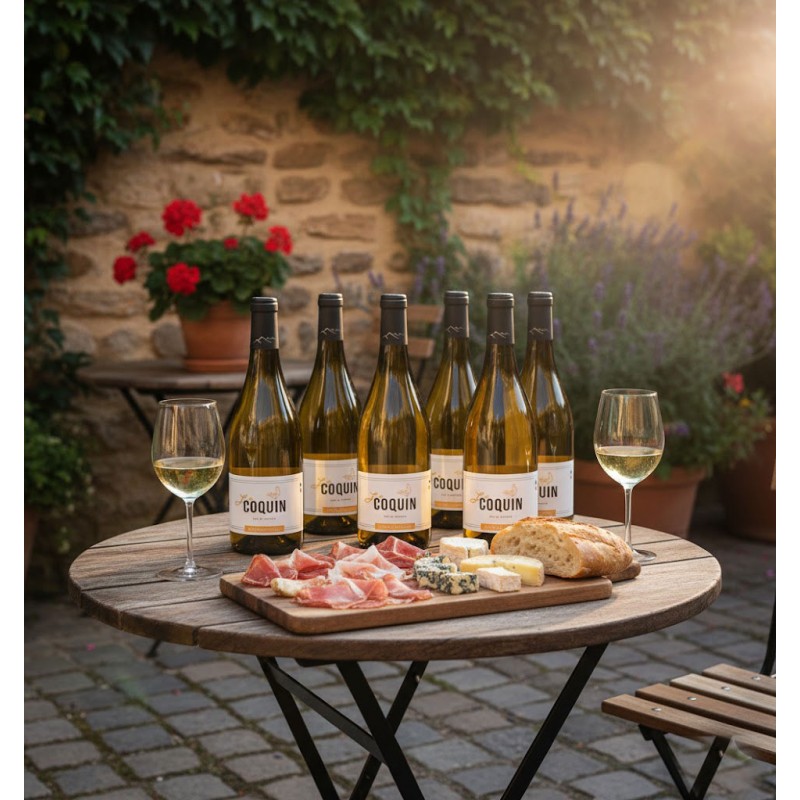 Une atmosphère méditerranéenne, Une table ronde style bistrot dressée. Six bouteilles de vin blanc "Coquin" sont alignées sur la table, accompagnées de deux verres à vin remplis. Une planche en bois garnie de charcuterie (jambon cru), de fromages variés et d'une baguette coupée invite à la gourmandise. Un mur de pierres recouvert de lierre, des pots de géraniums rouges et de lavande.