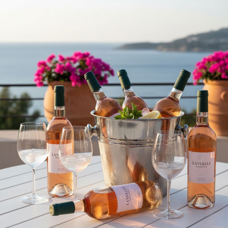 Apéritif au Bord de Mer,scène rafraîchissante et estivale. Sur une table blanche, six bouteilles de vin rosé "Lassalle Tradition" et des verres remplis de glaçons. Un seau à glace en acier inoxydable contient, maintenues au frais par de la glace, de la menthe et une tranche de citron.la mer Méditerranée et des bougainvilliers roses, évoquant une ambiance de vacances et de détente.