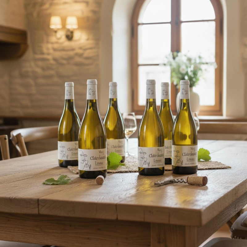 Dégustation Rustique, une table en bois massif dans un intérieur lumineux et chaleureux. Six bouteilles"Very Chardonnay Limoux" sont disposées, dont une est accompagnée d'un verre à vin, invitant à la dégustation. Des feuilles de vigne et des bouchons de liège apportent une touche naturelle,un tire-bouchon.Une fenêtre en arc de cercle et un mur en pierre, une atmosphère rustique intemporel.