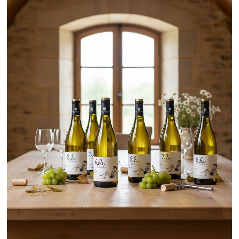 Une table en bois clair dans une pièce rustique, une fenêtre en pierre à croisillons. Six bouteilles de vin blanc "Lili Bio"sur la table, prêtes pour la dégustation. Des grappes de raisins verts, des feuilles d'automne et des bouchons de liège, ajoute une touche champêtre. Deux verres à vin vides et un tire-bouchon. Un vase de marguerites blanches sur le rebord de la fenêtre.