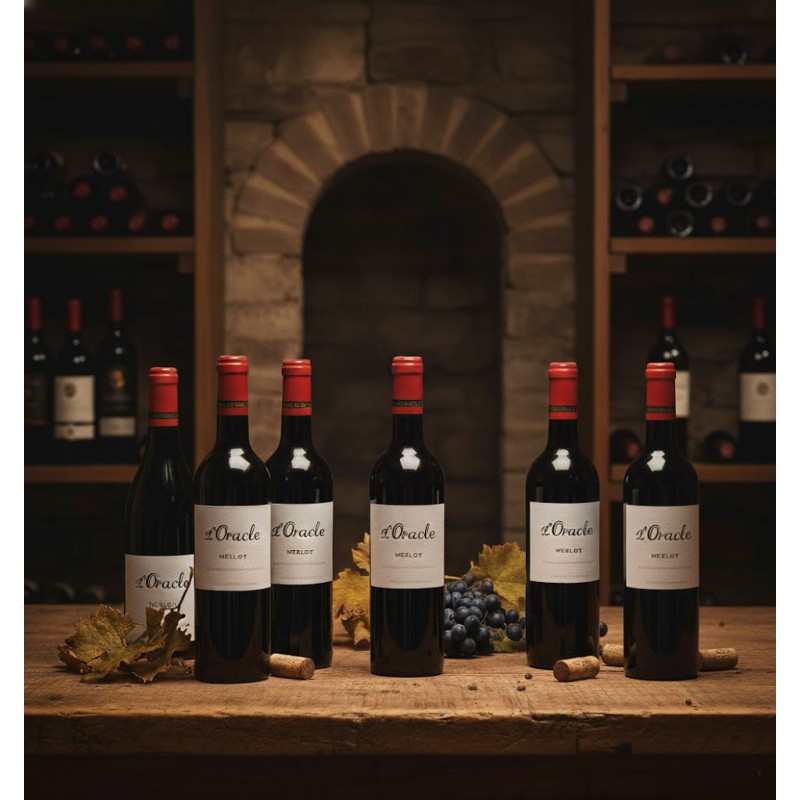 six bouteilles de vin rouge "L'Oracle Merlot" alignées sur une table en bois rustique.Une cave à vin traditionnelle, avec des murs en pierre et des étagères remplies. Des feuilles de vigne séchées, des grappes de raisins sombres et des bouchons de liège, ajoutant une touche authentique et évoquant le terroir.Une ambiance chaleureuse, propice à la découverte et à l'appréciation du vin.