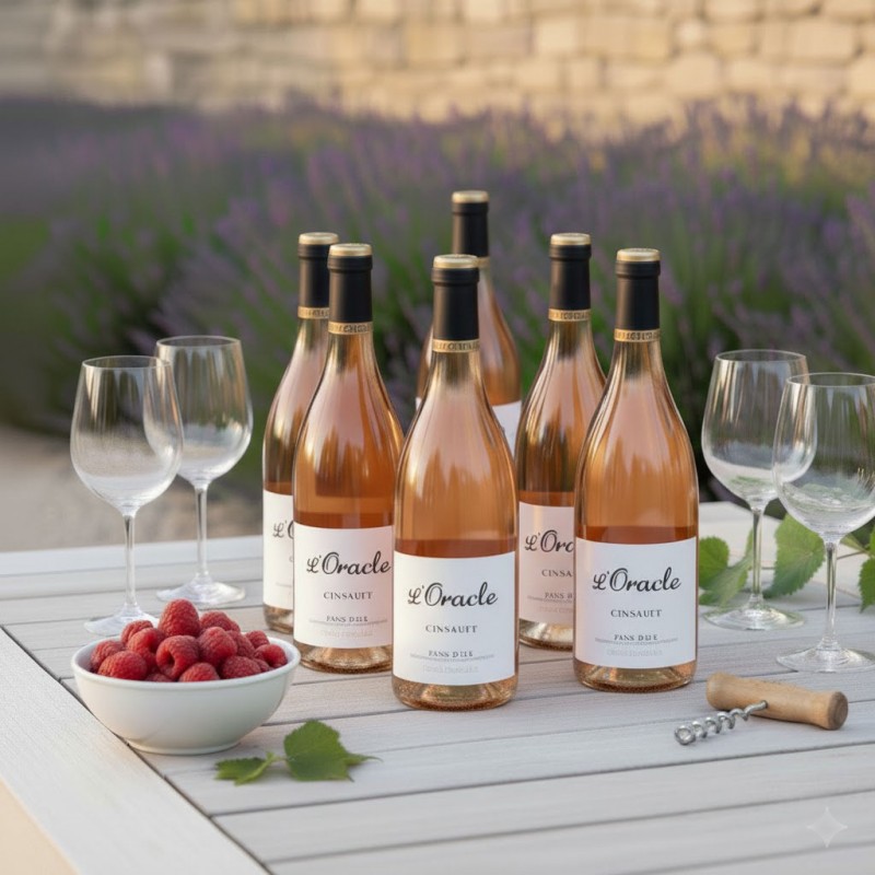 "Rosé et Lavande"une table blanche moderne en extérieur, accueillant six bouteilles de vin rosé "L'Oracle Cinsault". Des verres à vin vides sont prêts pour la dégustation. Un bol blanc rempli de framboises fraîches et un tire-bouchon en bois. Un champ de lavande en fleurs violettes. L'ensemble évoque une atmosphère de détente et de convivialité, parfaite pour un apéritif en plein air.