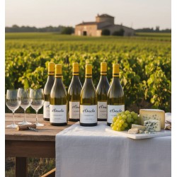 "Dégustation au Vignoble"pittoresque et ensoleillée. Une table en bois avec une nappe blanche est dressée avec six bouteilles de vin blanc "L'Oracle Chardonnay", des verres à vin et un tire-bouchon. Une planche en marbre présente une sélection de fromages variés et une grappe de raisins verts. Un vaste vignoble, avec une charmante bâtisse en pierre. L'ensemble évoque le terroir viticole.