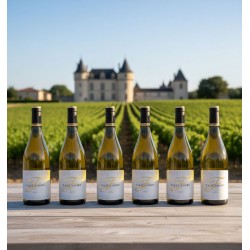 Les Vignes du Château six bouteilles de vin blanc "F de Flandry"une table en bois clair. Un vaste vignoble verdoyant s'étend à perte de vue dont l'architecture classique évoque une propriété viticole prestigieuse. Le ciel clair et lumineux renforce l'atmosphère sereine et ensoleillée, soulignant le lien profond entre le vin et son terroir.