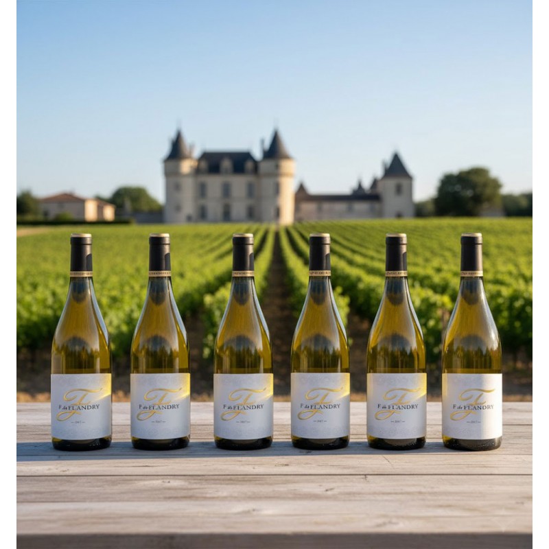 Les Vignes du Château six bouteilles de vin blanc "F de Flandry"une table en bois clair. Un vaste vignoble verdoyant s'étend à perte de vue dont l'architecture classique évoque une propriété viticole prestigieuse. Le ciel clair et lumineux renforce l'atmosphère sereine et ensoleillée, soulignant le lien profond entre le vin et son terroir.