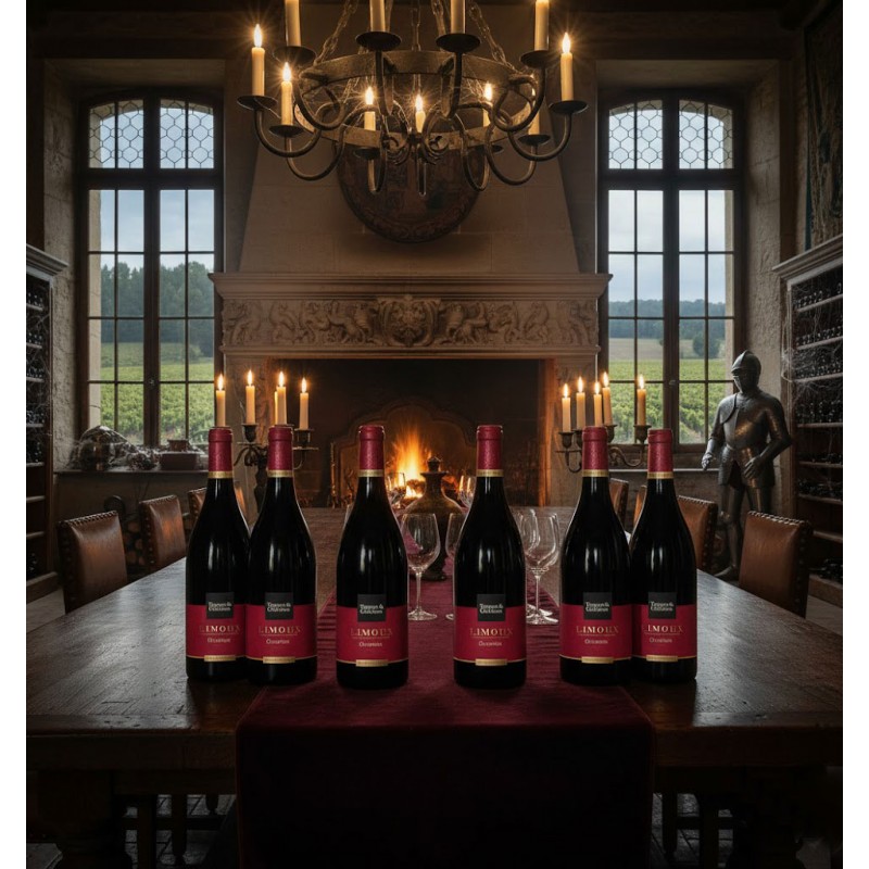 Six bouteilles de vin rouge Limoux "Occursus en fût de chêne" de la maison Toques & Clochers sont alignées sur une grande table en bois, dans une salle au décor de château. Un feu crépite dans une imposante cheminée en pierre, sous un grand lustre à bougies. Par les fenêtres, on aperçoit des vignobles, et une armure de chevalier monte la garde dans un coin.