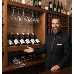 Un sommelier vêtu d'un élégant costume noir, d'une chemise noire et d'une cravate noire, avec une pochette blanche dans la poche de sa veste. Une cave à vin ou un espace de dégustation, avec des étagères en bois remplies de bouteilles de vin.Des rangées de bouteilles de vin, certaines posées horizontalement sur des étagères en bois, d'autres suspendues. Des verres à vin sont suspendus à l'envers sur un support en bois. Sur les bouteilles six bouteilles de vin rouge Bio"VILLA MON RÊVE",du Domaine Gayda. Un tire-bouchon complexe est également visible sur le comptoir en bois.