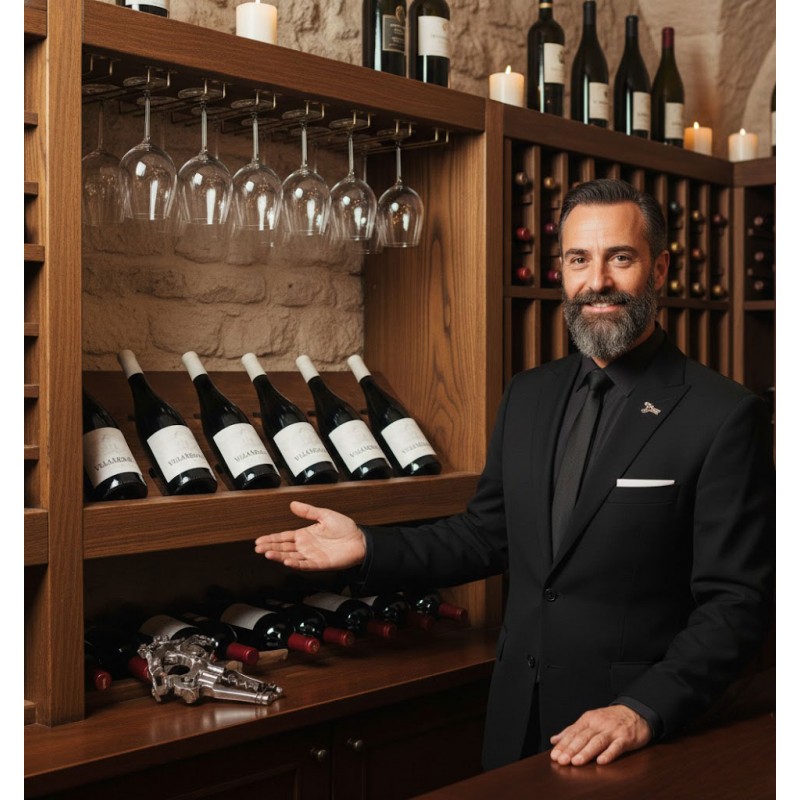 Un sommelier vêtu d'un élégant costume noir, d'une chemise noire et d'une cravate noire, avec une pochette blanche dans la poche de sa veste. Une cave à vin ou un espace de dégustation, avec des étagères en bois remplies de bouteilles de vin.Des rangées de bouteilles de vin, certaines posées horizontalement sur des étagères en bois, d'autres suspendues. Des verres à vin sont suspendus à l'envers sur un support en bois. Sur les bouteilles six bouteilles de vin rouge Bio"VILLA MON RÊVE",du Domaine Gayda. Un tire-bouchon complexe est également visible sur le comptoir en bois.