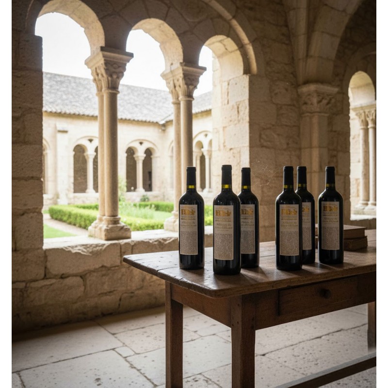 Six bouteilles de vin rouge grande réserve abbaye de saint Hilaire dans l'arche du cloître d'une abbaye. Une table en bois rustique. En arrière-plan, on aperçoit la cour intérieure et le jardin verdoyant de ce qui semble être une abbaye ou un monastère ancien. L'architecture romane, avec ses colonnes et ses chapiteaux sculptés, crée une atmosphère sereine et historique.