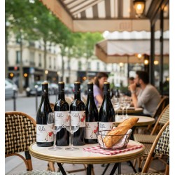Sur la table ronde d'un café parisien, six bouteilles de vin rouge "Lili Bio" sont mises en avant, accompagnées de deux verres vides et d'une corbeille contenant une baguette fraîche. La scène se déroule sur une terrasse typique, avec ses chaises en rotin et son auvent rayé, donnant sur une rue animée bordée d'arbres et d'immeubles haussmanniens.
