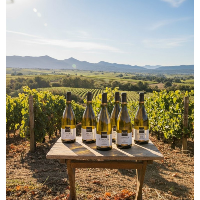 Six bouteilles chardonnay Marin élevés en fût de chêne au cœur d'un vignoble.Une table en bois rustique est dressée en plein air. On peut lire le mot "LIMOUX",appellation d'origine du vin.le vignoble s'étend à perte de vue.On aperçoit une chaîne de montagnes,sous un ciel bleu clair et dégagé,qui évoque la richesse du terroir et d'une dégustation de vin en pleine nature.