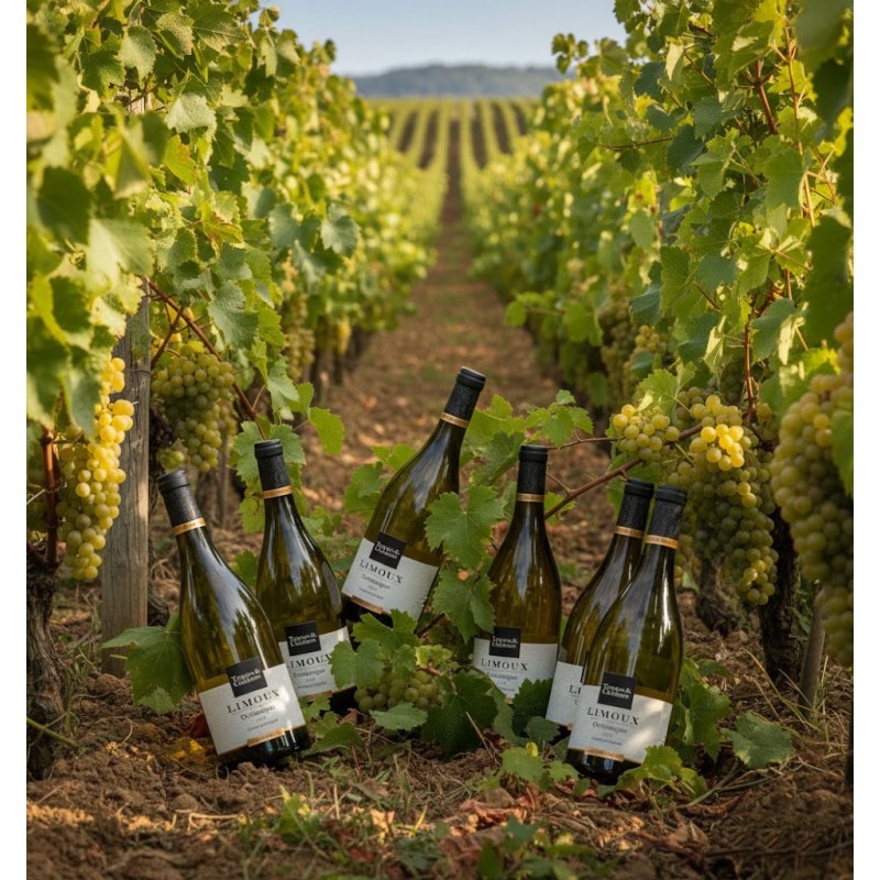 Un vignoble luxuriant, baigné par la lumière chaude d'une journée ensoleillée.Six bouteilles de chardonnay Océanique Toques et Clochers élevé en fût de chêne, au pied des ceps de vigne.Des grappes de raisins dorés prêts pour la récolte. Le feuillage vert et dense témoigne de la vitalité du vignoble. Des collines boisées sous un ciel clair, complétant ce paysage viticole idyllique.