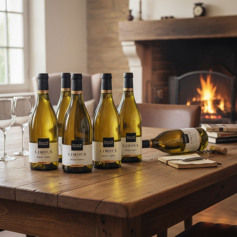 Vignoble de Limoux en altitude avec bouteilles de Chardonnay Toques et Clochers Haute Vallée