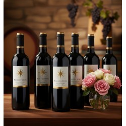 Six bouteilles de vin rouge sur une table en bois. On aperçoit un mur en pierre, un tonneau de vin et des grappes de raisin suspendues, créant une ambiance de cave à vin.Les bouteilles ont une étiquette blanche ornée d'une rose des vents dorée. Le nom "ROSE DES VENTS" est visible sur l'étiquette, bien que le texte soit légèrement flou. À droite, un petit vase en verre transparent contient un bouquet de roses roses et blanches, ajoutant une touche d'élégance.