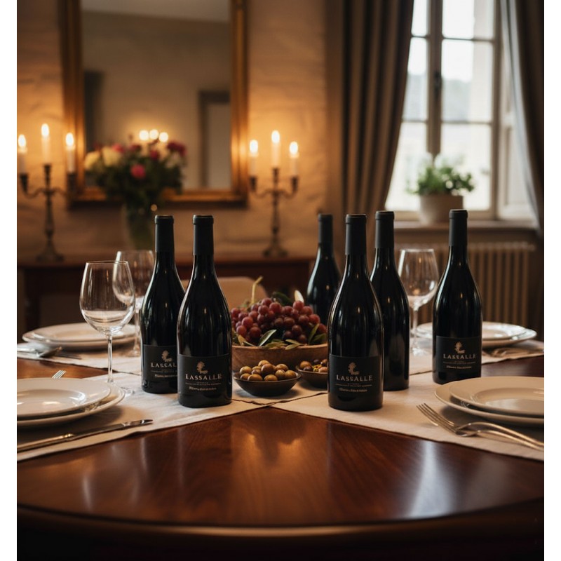 Dîner élégant avec le vin rouge"Lassalle" élevé en fût de chêne sur une table de salle à manger en bois sombre est dressée pour un repas raffiné. Entourées de bols de raisins et d'olives. Des assiettes blanches, des couverts et des verres à vin sont disposés avec soin. L'ambiance est éclairée par la lueur de bougies sur des chandeliers, créant une atmosphère de dégustation élégante.