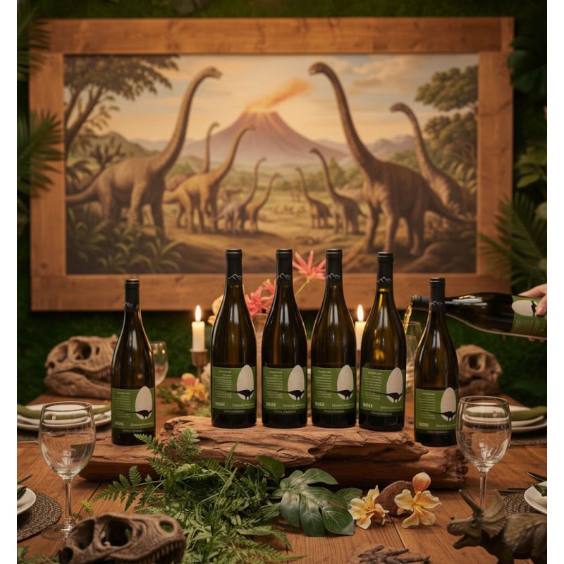 Une table en bois est dressée avec des assiettes, des verres à vin et des couverts. La décoration est luxuriante, avec de la verdure, des fougères et des fleurs tropicales. Des crânes de dinosaures fossilisés.Six bouteilles de vin blanc Mauzac RHABDODON PRISCUS Terroir des Dinosaures sur une grande pièce de bois brut. Une main verse du vin dans un verre. Des bougies allumées sont dispersées sur la table. Un grand tableau encadré de bois est sur un mur couvert de verdure. La peinture représente un paysage préhistorique avec des dinosaures à long cou (sauropodes) errant dans une plaine, avec un volcan en éruption au loin.